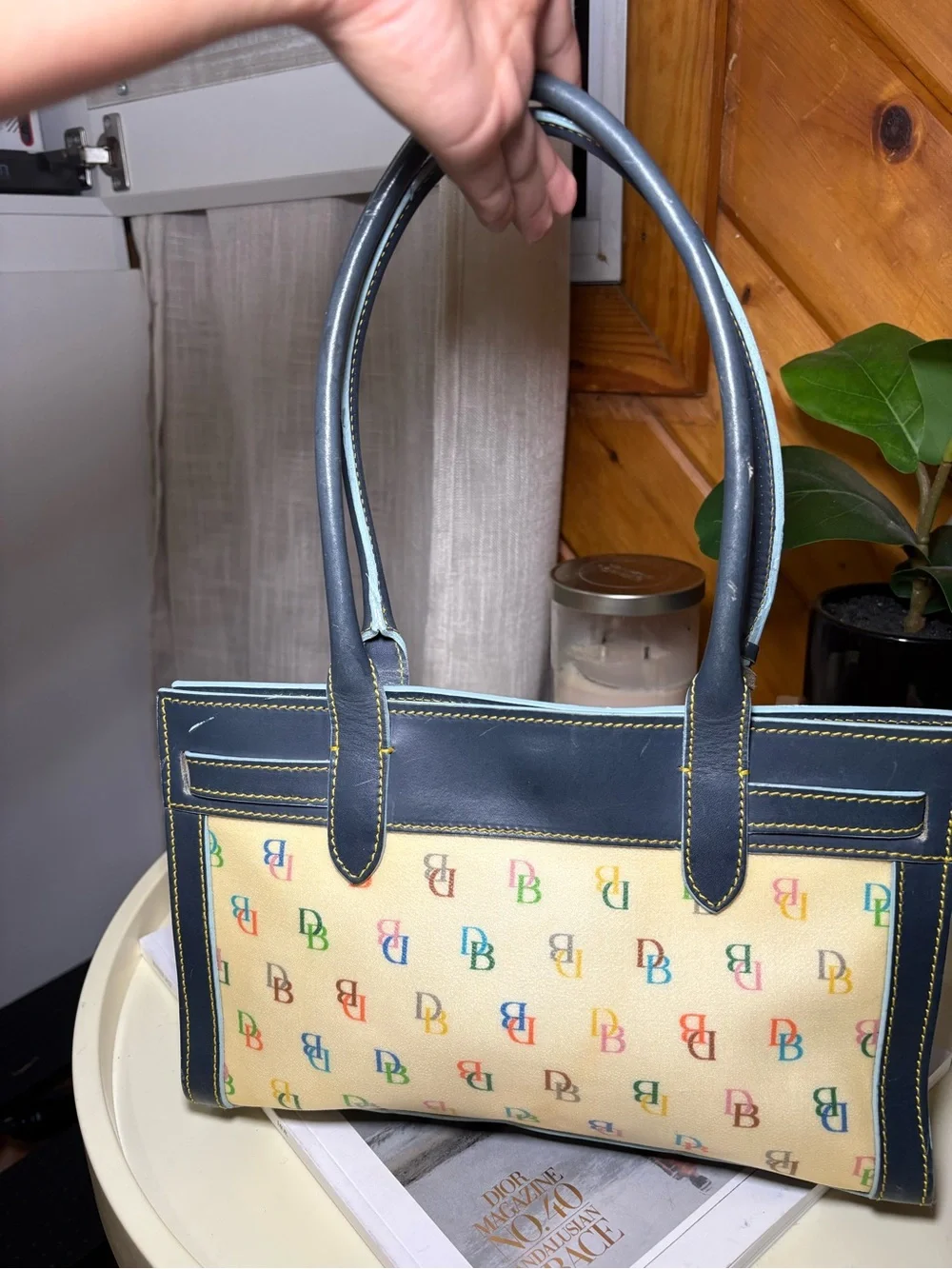 Dooney & Bourke Cream Multicolor DB Logo Canvas with Navy Trim Shoulder Bag